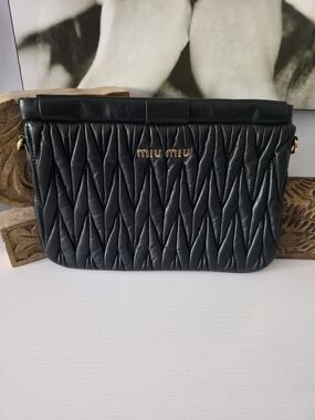 Miu Miu Black Quilted Leather Crossbody Bag with Gold Logo